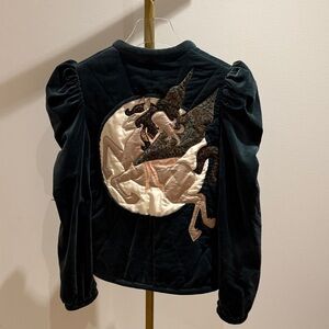 Vintage Green Velvet Quilted Jacket with Puff Sleeves and Sill Quilted Design